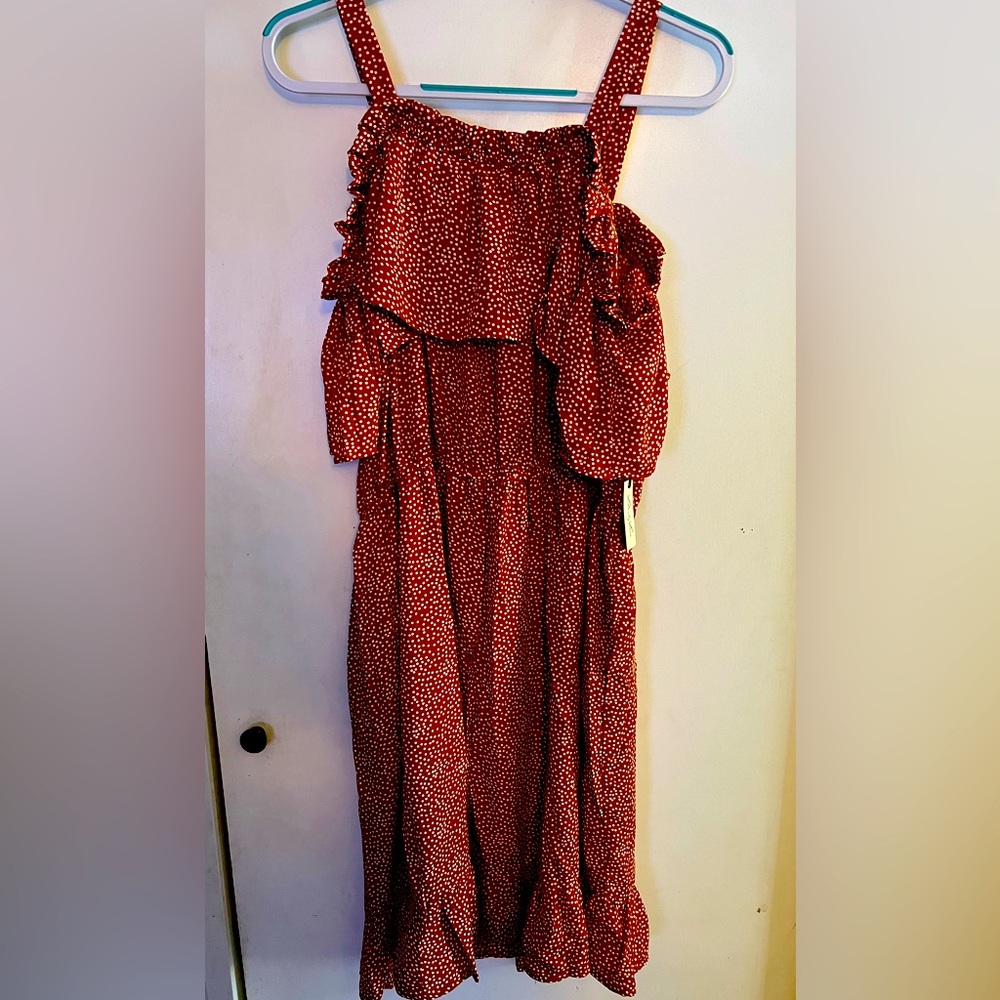Cute Cold Shoulder Dress in Rust Orange & White Polka Dots